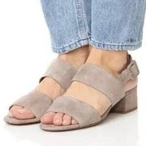 VINCE Suede Taye Two-Strap Block Chunky Heel Sandal in Woodsmoke - Sz 7.5